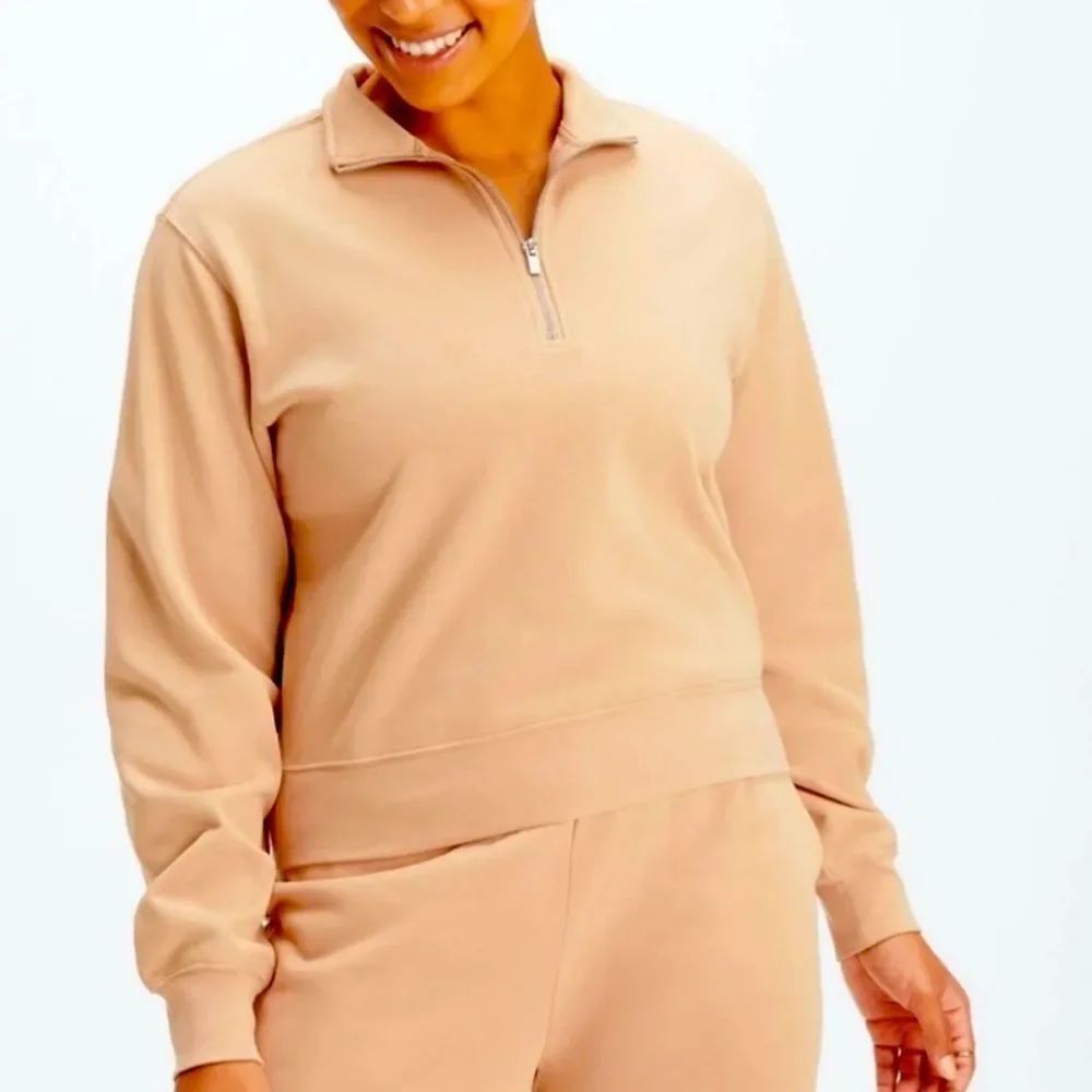 Fabletics Lightweight Go-To Half Zip Sweatshirt crop tan NWOT womans L